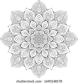 Mandala. Vector abstract black line on white background illustration round ornament. Meditation coloring picture for relaxation.Design element for decoration, tattoo or henna.