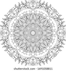 Mandala. Vector abstract black line on white background illustration round ornament. Meditation coloring picture for relaxation.Design element for decoration, tattoo or henna.