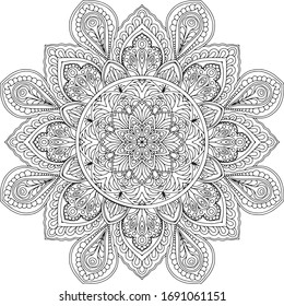 Mandala. Vector abstract black line on white background illustration round ornament. Meditation coloring picture for relaxation.Design element for decoration, tattoo or henna.