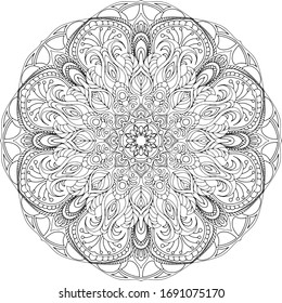 Mandala. Línea negra abstracta de vectores en el adorno redondo de la ilustración de fondo blanco. Imagen meditación colorante para la relajación.Diseño de elementos para la decoración, tatuaje o henna.