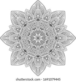 Mandala. Vector abstract black line on white background illustration round ornament. Meditation coloring picture for relaxation.Design element for decoration, tattoo or henna.