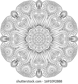 Mandala. Línea negra abstracta de vectores en el adorno redondo de la ilustración de fondo blanco. Imagen meditación colorante para la relajación.Diseño de elementos para la decoración, tatuaje o henna.