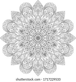 Mandala. Vector abstract black line on white background illustration round ornament. Meditation coloring picture for relaxation.Design element for decoration, tattoo or henna.