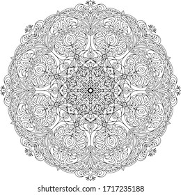 Mandala. Línea negra abstracta de vectores en el adorno redondo de la ilustración de fondo blanco. Imagen meditación colorante para la relajación.Diseño de elementos para la decoración, tatuaje o henna.