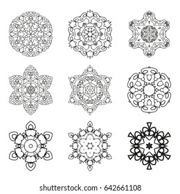Mandala. Vector abstract image. Spherical pattern on a white background. Geometric symbol of a complex structure. Black and white circle pattern. Buddhist a sacral symbol. Sphere of abstract shapes.