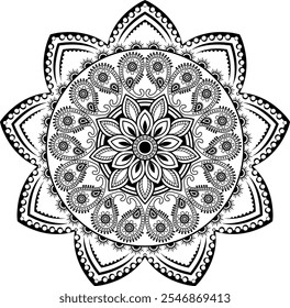 Un Mandala en Arte vectorial con dibujos y adornos en blanco y negro.