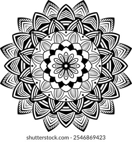 Un Mandala en Arte vectorial con dibujos y adornos en blanco y negro.