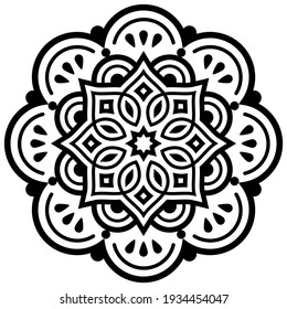 Arte vectorial de Mandala inspirado en el arte de la India, diseño geométrico negro - yoga, zen, concepto de atención. Decoración redonda moderna, fondo simétrico monocromo - perfecto para tarjeta de bienvenida 