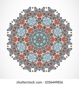 Mandala vector art. Stylized floral geometric pattern. Isolated design element, colorful abstract motif on white background. Tribal ethnic ornament for cards, fabric prints, interior decoration