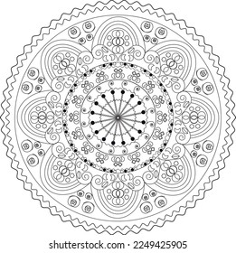 Mandala vector black on white for coloring, round ornament decoration. Stylized floral motif, vintage decorative elements. Aboriginal folk art, ethnic mandala, oriental pattern, design illustration 