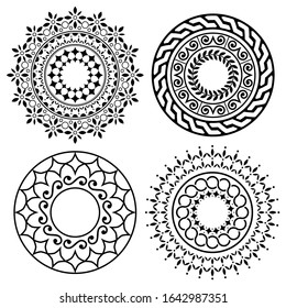 Mandala vector boho pattern collection, bohemian zen yoga design, Asian ethnic design in black and white. Mandalas collection boho, zen style with geometric shapes, monochrome symmetric background