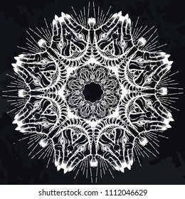Mandala. Vector, circular pattern. Magic, hands, flowers. prints on T-shirts, tattoos, background chalkboard. Handmade
