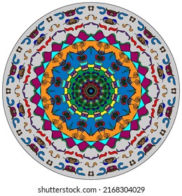 Mandala vector colorful illustration. Ethnic bright colors hand drawn round ornament in oriental or Indian style. Tribal ornamental mandala. Floral and nature motifs.