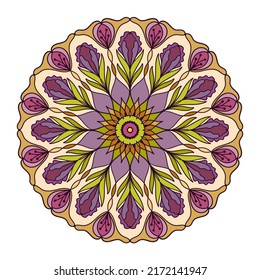 Ilustración colorida del vector Mandala. Colores de colores vivos étnicos adornados a mano con un adorno redondo de estilo oriental. Mandala ornamental tribal. Árabe arabesco. Motivos florales y naturales. Flores florecientes.