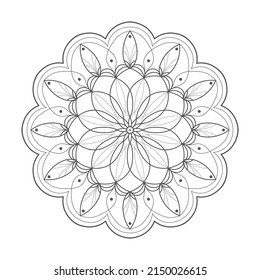 Mandala Vektorgrafik-Umriss. Blumenrunde Ziermuster für Erwachsene Farbseiten. Anti-Stress und Meditation Kunst. Blumen und orientalische, indische Motive. Schöne Details. 