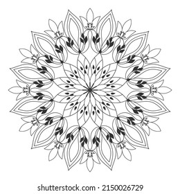 Mandala  vector coloring book outline. Floral  round ornamental pattern for  adults coloring pages. Anti stress and meditation art. Flowers and Oriental, Indian motifs. Beautiful details. 