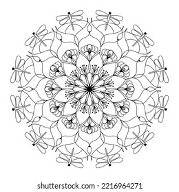 Mandala vector coloring book outline line. Floral round ornamental pattern for adults coloring pages. Anti stress and meditation art. Flowers, leaves and dragonflies motifs. Beautiful details.