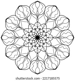 Línea de esquema del libro de coloreado vectorial de Mandala. Patrón ornamental floral para adultos colorantes páginas. Arte contra el estrés y la meditación. Flores, hojas y motivos pétales. Bellos detalles. Arte de una línea