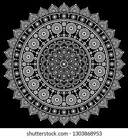 
Mandala vector design, Aboriginal dot painting style, Australian folk art boho style in white on black background.  
Mandalas dot pattern in red and pink inspired by traditional art from Australia 
 