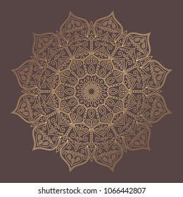 Mandala Vector Design Element. Golden round ornament decoration. Line flower pattern. Stylized floral motif. Chakra symbol for meditation yoga logo. Complex flourish weave medallion. Tattoo print