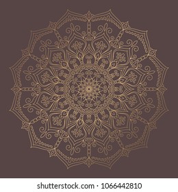 Mandala Vector Design Element. Golden round ornament decoration. Line flower pattern. Stylized floral motif. Chakra symbol for meditation yoga logo. Complex flourish weave medallion. Tattoo print