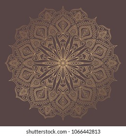 Mandala Vector Design Element. Golden round ornament decoration. Line flower pattern. Stylized floral motif. Chakra symbol for meditation yoga logo. Complex flourish weave medallion. Tattoo print