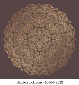 Mandala Vector Design Element. Golden round ornament decoration. Line flower pattern. Stylized floral motif. Chakra symbol for meditation yoga logo. Complex flourish weave medallion. Tattoo print