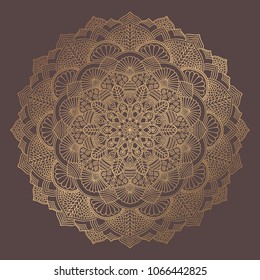 Mandala Vector Design Element. Golden round ornament decoration. Line flower pattern. Stylized floral motif. Chakra symbol for meditation yoga logo. Complex flourish weave medallion. Tattoo print