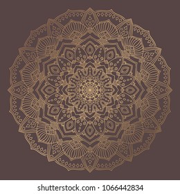 Mandala Vector Design Element. Golden round ornament decoration. Line flower pattern. Stylized floral motif. Chakra symbol for meditation yoga logo. Complex flourish weave medallion. Tattoo print
