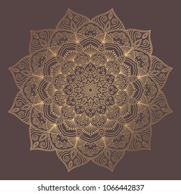 Mandala Vector Design Element. Golden round ornament decoration. Line flower pattern. Stylized floral motif. Chakra symbol for meditation yoga logo. Complex flourish weave medallion. Tattoo print
