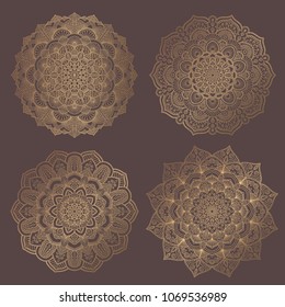 Mandala Vector Design Element. Golden round ornaments. Decorative flower pattern. Stylized floral chakra symbol for meditation yoga logo. Complex flourish weave medallion. Tattoo prints collection