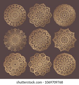 Mandala Vector Design Element. Golden round ornaments. Decorative flower pattern. Stylized floral chakra symbol for meditation yoga logo. Complex flourish weave medallion. Tattoo prints collection