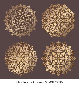 Mandala Vector Design Element. Golden round ornaments. Decorative flower pattern. Stylized floral chakra symbol for meditation yoga logo. Complex flourish weave medallion. Tattoo prints collection