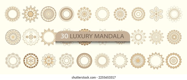 Mandala vector design element. golden round ornaments. decorative flower pattern. stylized floral chakra symbol for meditation yoga logo. 30 piece mandala.