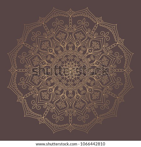 Mandala Vector Design Element. Golden round ornament decoration. Line flower pattern. Stylized floral motif. Chakra symbol for meditation yoga logo. Complex flourish weave medallion. Tattoo print