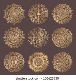 Mandala Vector Design Element. Round ornament decoration. Line flower pattern. Stylized floral motif. Chakra symbol for meditation yoga logo. Complex flourish weave medallion. Tattoo prints collection