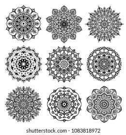 Mandala Vector Design Element. Round ornament decoration. Coloring pages collection. Line flower pattern. Floral chakra symbol for yoga logo. Complex flourish weave medallion. Tattoo prints collection
