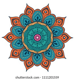 Mandala Vector Design Element. Round ornament decoration. Colorful flower pattern. Stylized floral motif. Complex flourish weave medallion. Tattoo print