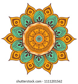 Mandala Vector Design Element. Round ornament decoration. Colorful flower pattern. Stylized floral motif. Complex flourish weave medallion. Tattoo print