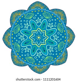 Mandala Vector Design Element. Round ornament decoration. Colorful flower pattern. Stylized floral motif. Complex flourish weave medallion. Tattoo print