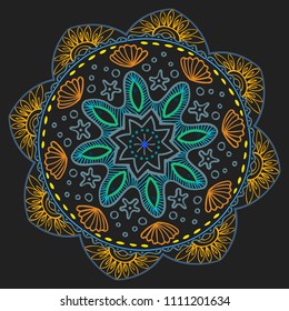 Mandala Vector Design Element. Round ornament decoration. Colorful flower pattern. Stylized floral motif. Complex flourish weave medallion. Tattoo print