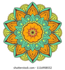 Mandala Vector Design Element. Round ornament decoration. Colorful flower pattern. Stylized floral motif. Complex flourish weave medallion. Tattoo print