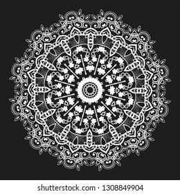 Mandala Vector Design Element. Round ornament decoration. Line flower pattern. Stylized floral motif. Chakra symbol for meditation yoga logo. Complex flourish weave medallion. Tattoo prints collection
