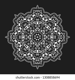 Mandala Vector Design Element. Round ornament decoration. Line flower pattern. Stylized floral motif. Chakra symbol for meditation yoga logo. Complex flourish weave medallion. Tattoo prints collection