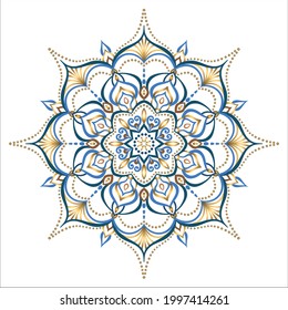 Mandala Vector Design Element. Round ornament decoration. Gold and blue flower pattern. Stylized floral motif. Chakra symbol for meditation yoga logo. Complex flourish weave medallion. Golden gradient