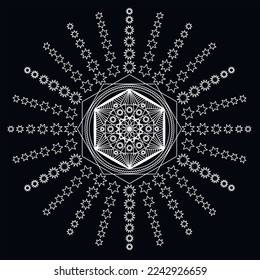 Mandala vector design element, round ornament decoration. White on black background vintage decorative elements. Aboriginal folk art mandala, many stars, ethnic mandala, oriental pattern illustration