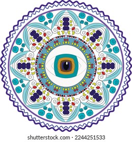 Mandala vector design element, round ornament decoration with an eye in center, all-seeing eye, vintage decorative elements. Aboriginal folk art mandala, ethnic mandala, oriental pattern illustration