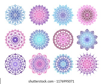 Mandala vector design elements. Round ornament decoration. Colorful blue patterns. Floral motif. Stylized flower. Chakra symbol for meditation yoga logo. Complex flourish weave medallion. Tattoo print