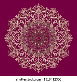 Mandala vector design elements - round ornament. Lace of beige soothing  tones patterns - stylized flower, on a burgundy background. Oriental motifs. Tattoo with a print. Snowflake. East.