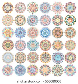 Mandala Vector Design Elements. Round ornament decoration. Colorful flower patterns. Stylized floral motif. Chakra symbol for meditation yoga logo. Complex flourish weave medallion. Tattoo print